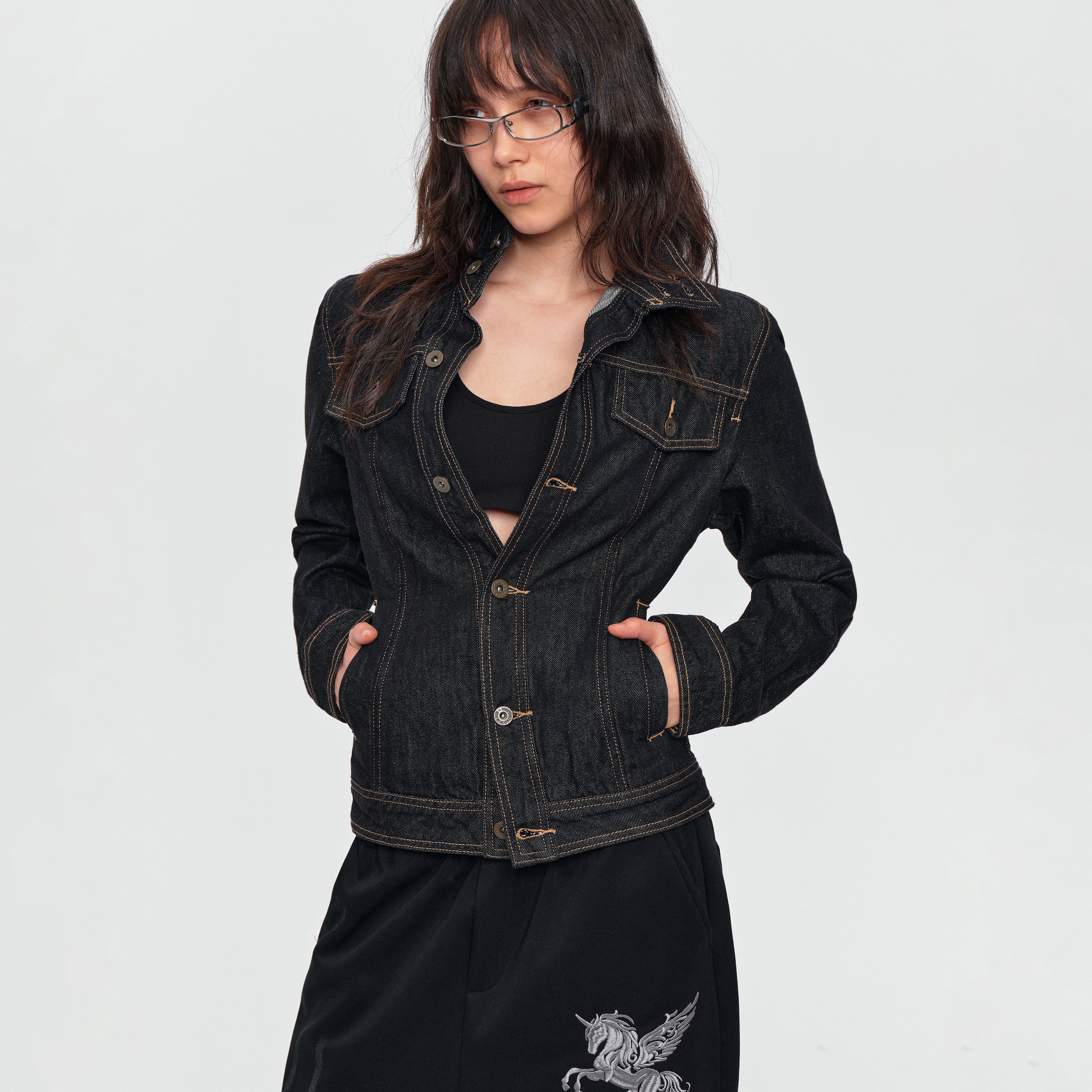 MADWITCH CONTRAST-STITCH CROPPED DENIM JACKET #Z1649