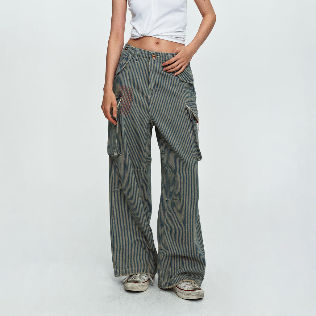 MADWITCH WASHED STRIPED MULTI-POCKET CARGO PANTS #CK9860
