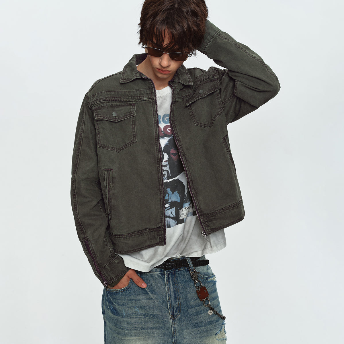 MADWITCH WASHED DISTRESSED COLLARED CROPPED DENIM JACKET #DY3016