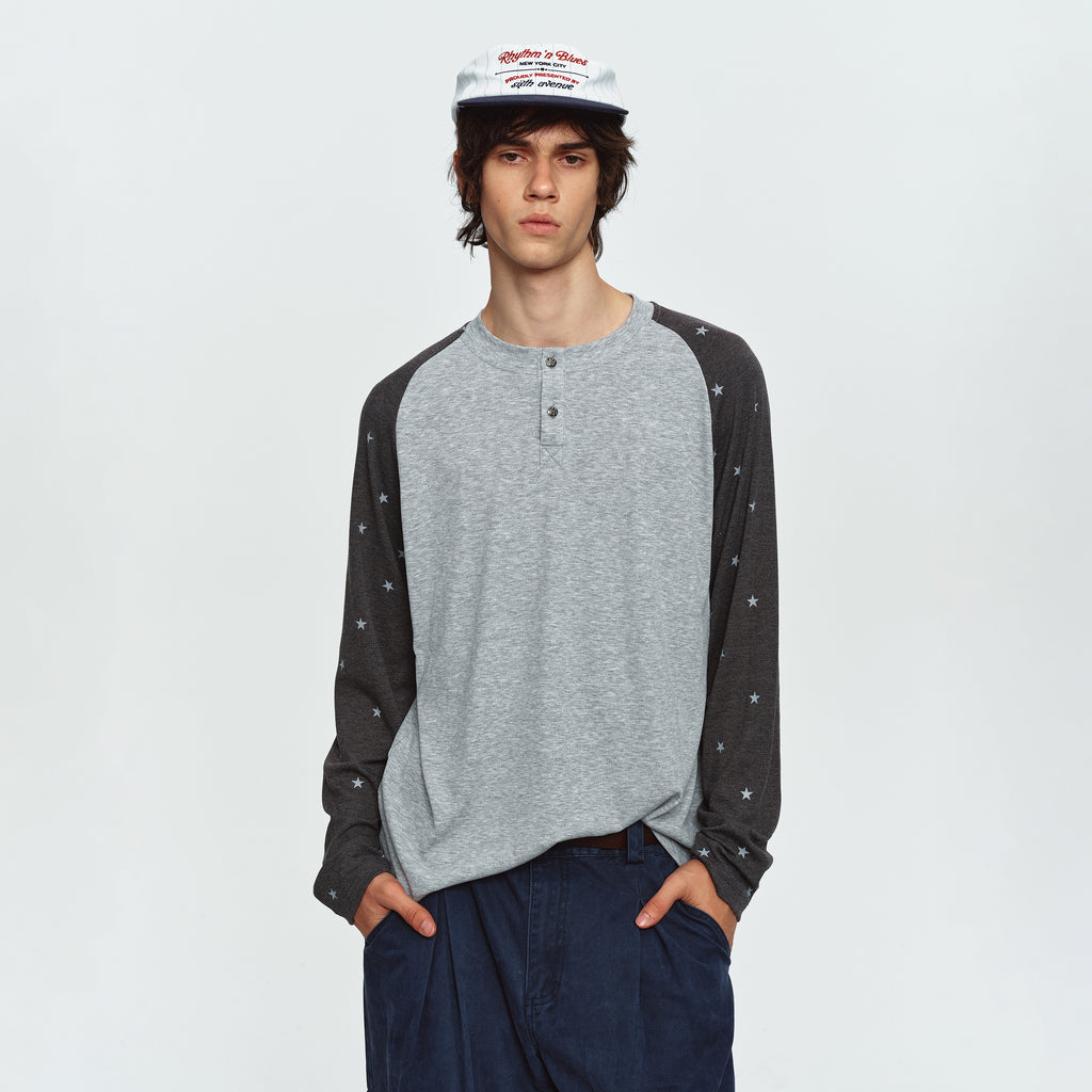 MADWITCH STAR-PRINT COLOR-BLOCK RAGLAN HENLEY TEE #2607TX5113