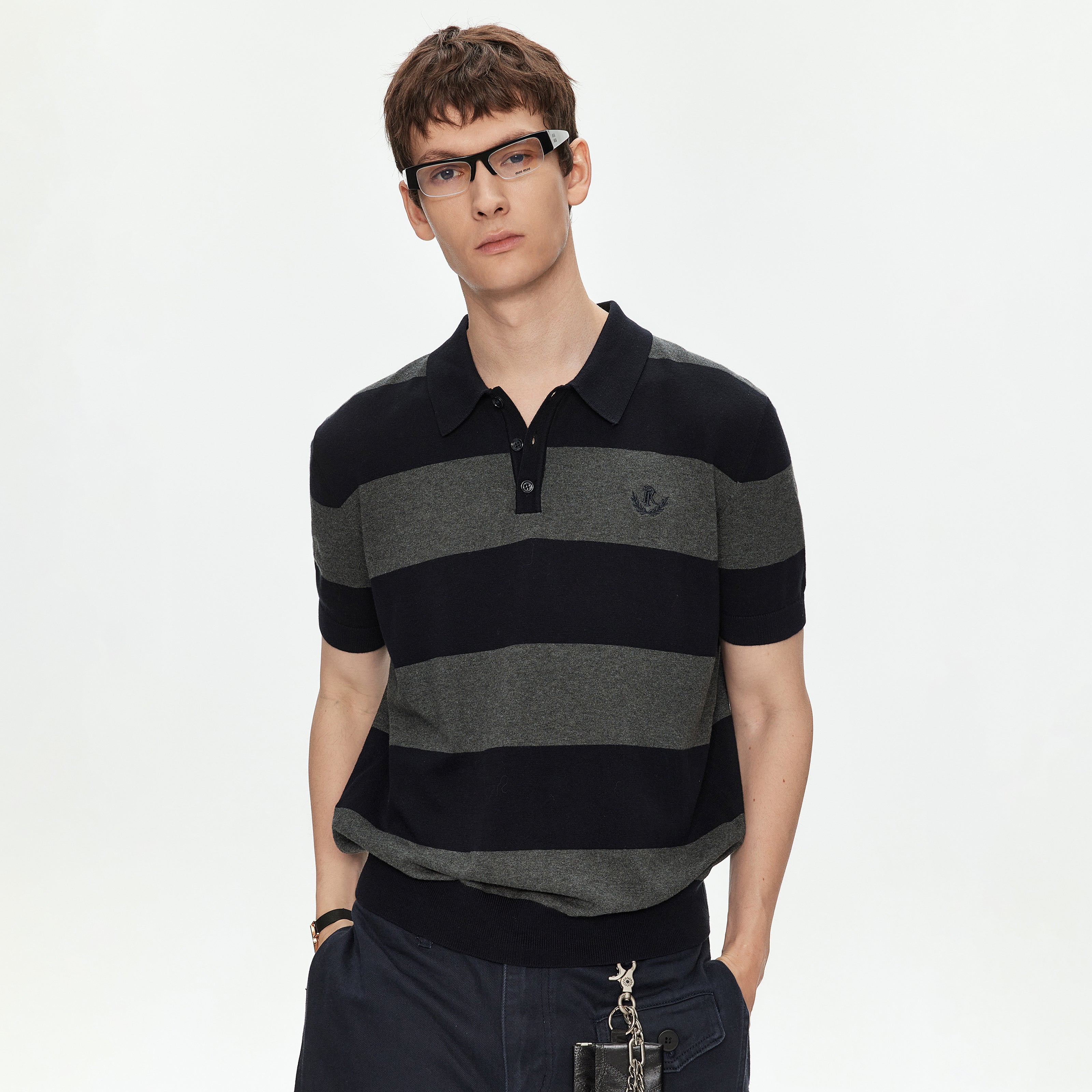 MADWITCH EMBROIDERED STRIPED KNIT POLO SHIRT #27512
