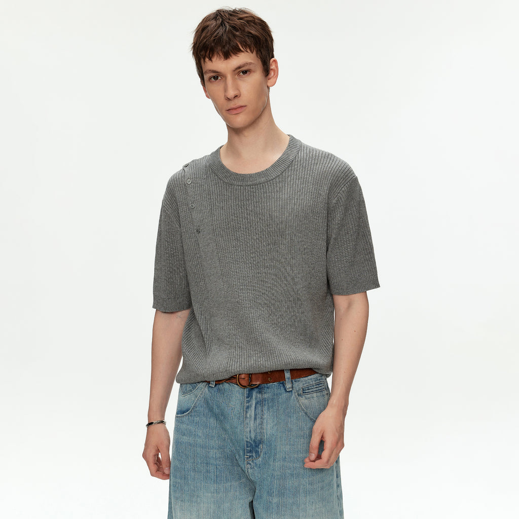 MADWITCH ASYMMETRIC BUTTON RIBBED KNIT TEE #MY26503