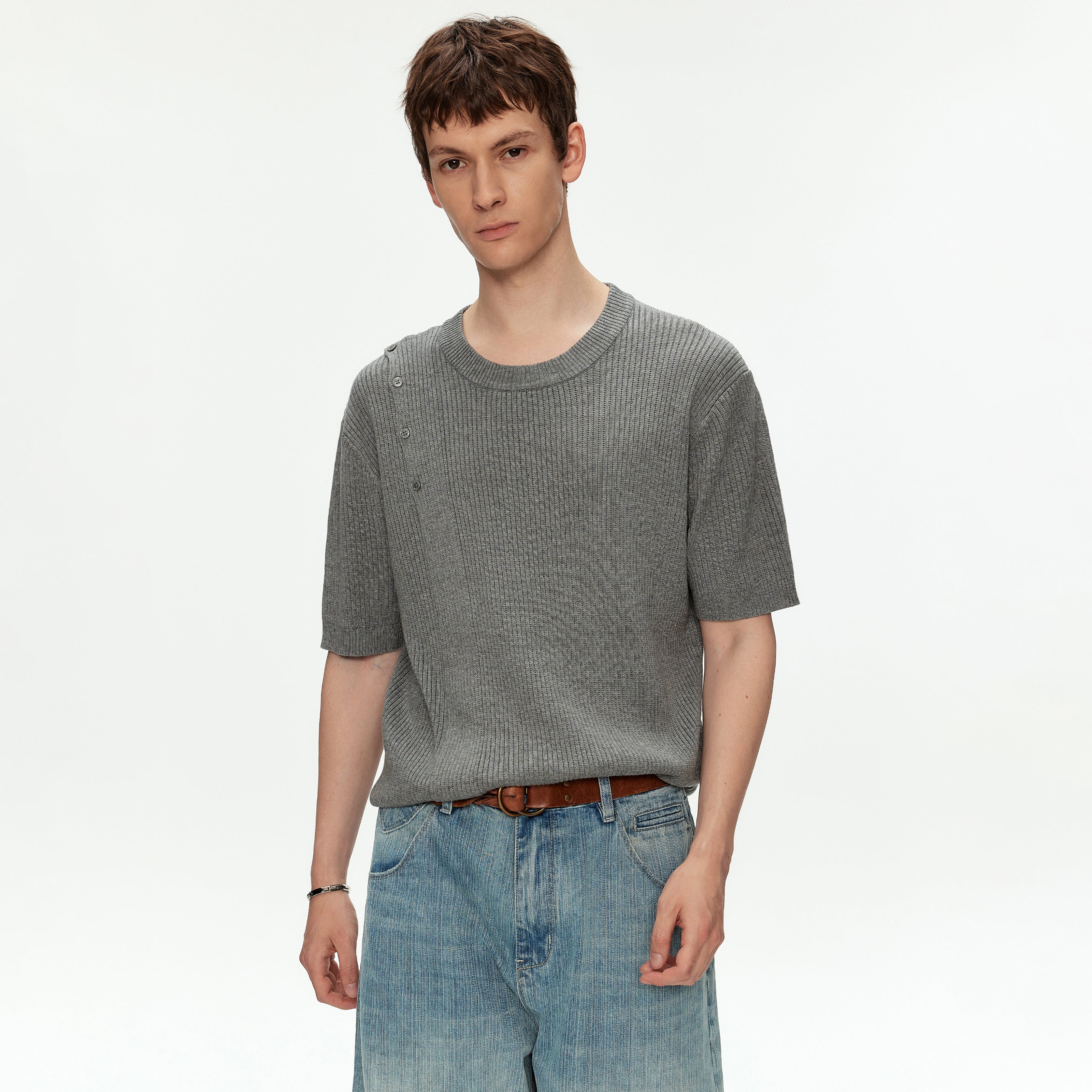 MADWITCH ASYMMETRIC BUTTON RIBBED KNIT TEE #MY26503