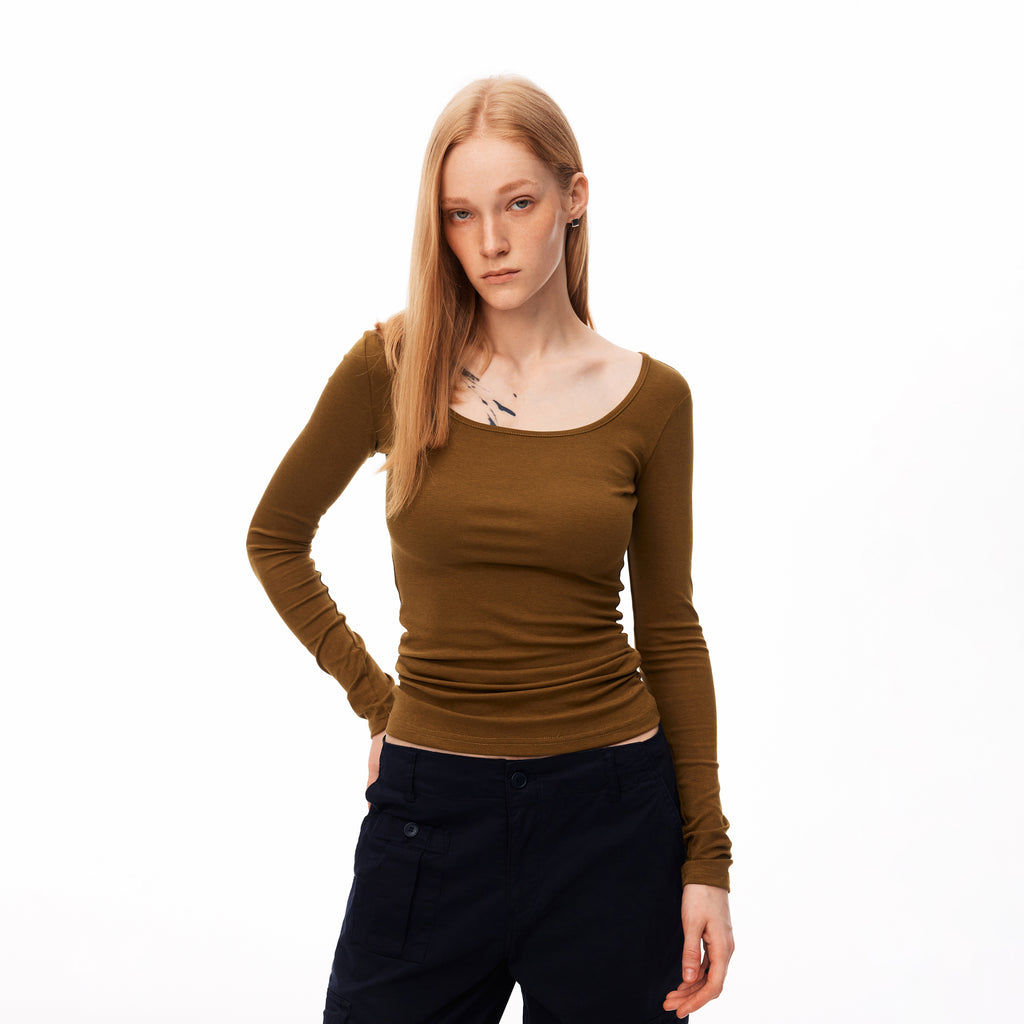 MADWITCH MINIMALIST RUFFLED SQUARE-NECK LONG-SLEEVE T-SHIRT #L99893