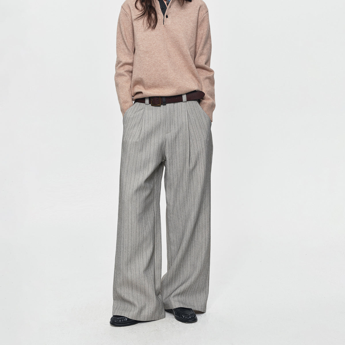MADWITCH DRAPED PINSTRIPE ELASTIC-WAIST WIDE-LEG TROUSERS #AW26131