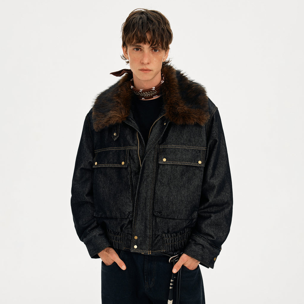 MADWITCH DETACHABLE FUR COLLAR DENIM JACKET #2631