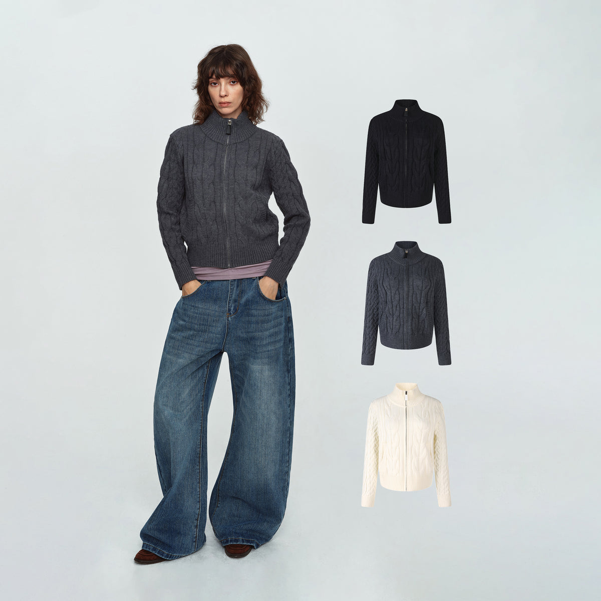 MADWITCH CABLE-KNIT STAND-COLLAR CARDIGAN SWEATER #L2026709