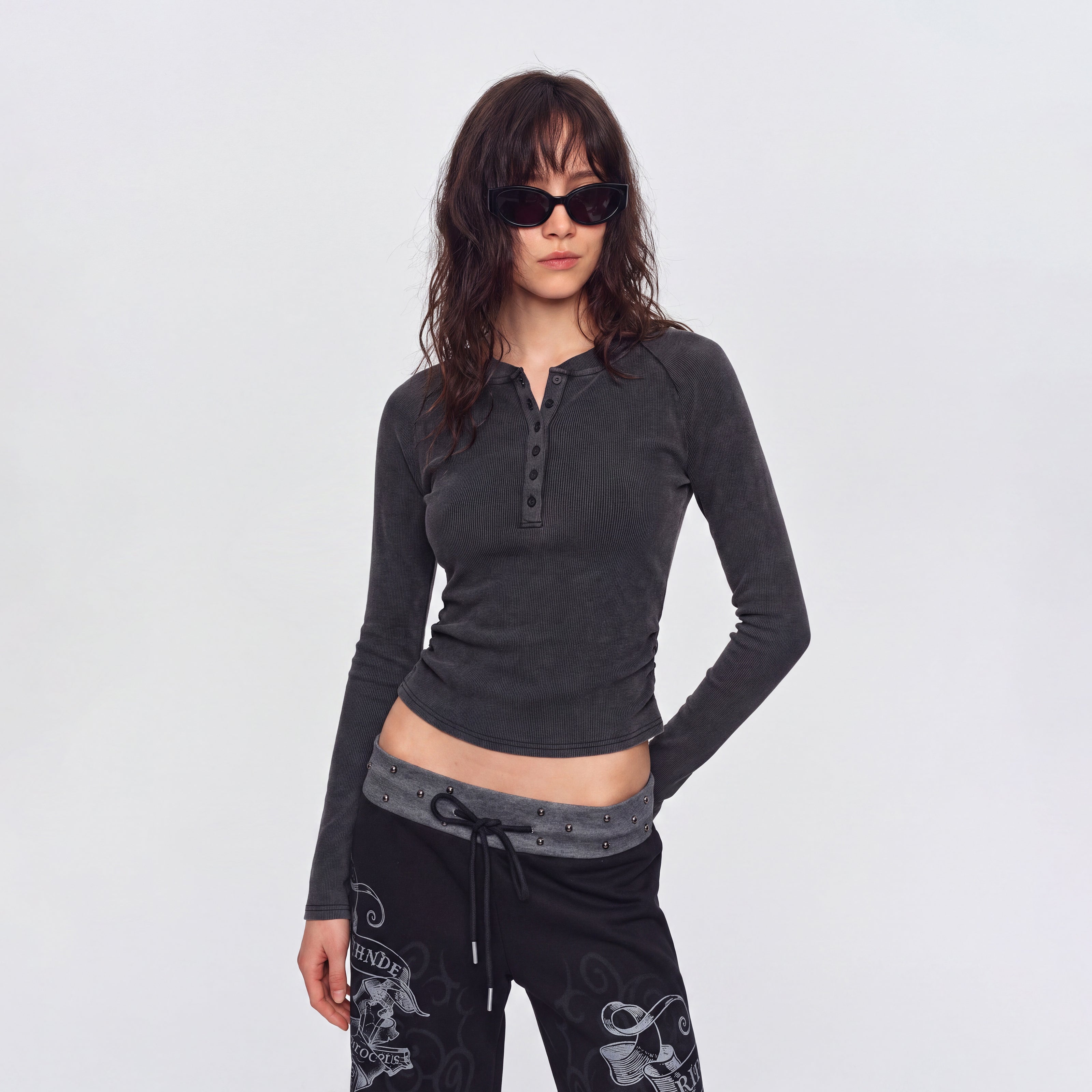 MADWITCH WASHED RUCHED CROPPED HENLEY #G2026125