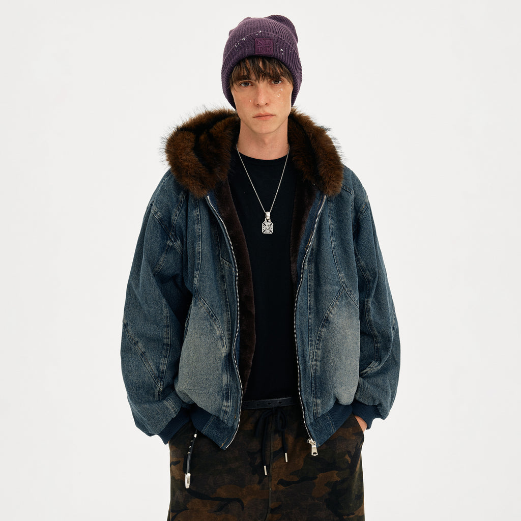 MADWITCH WASHED DENIM FUR COLLAR JACKET #Z2628