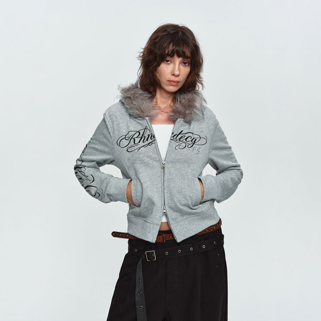 MADWITCH RHINESTONE-SCRIPT FAUX-FUR TRIM CROPPED ZIP HOODIE #L2026585