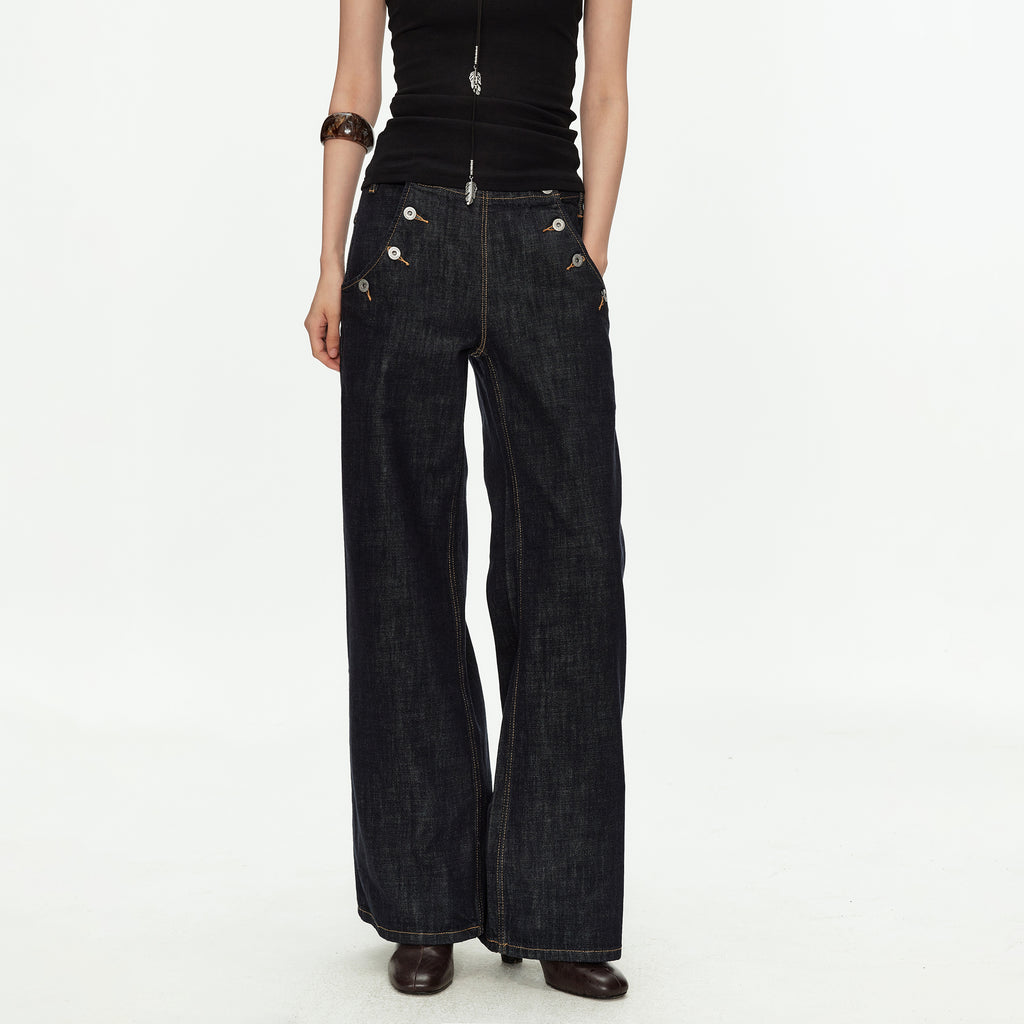 MADWITCH VINTAGE BUTTON SIDE WIDE JEANS #GPC9816N
