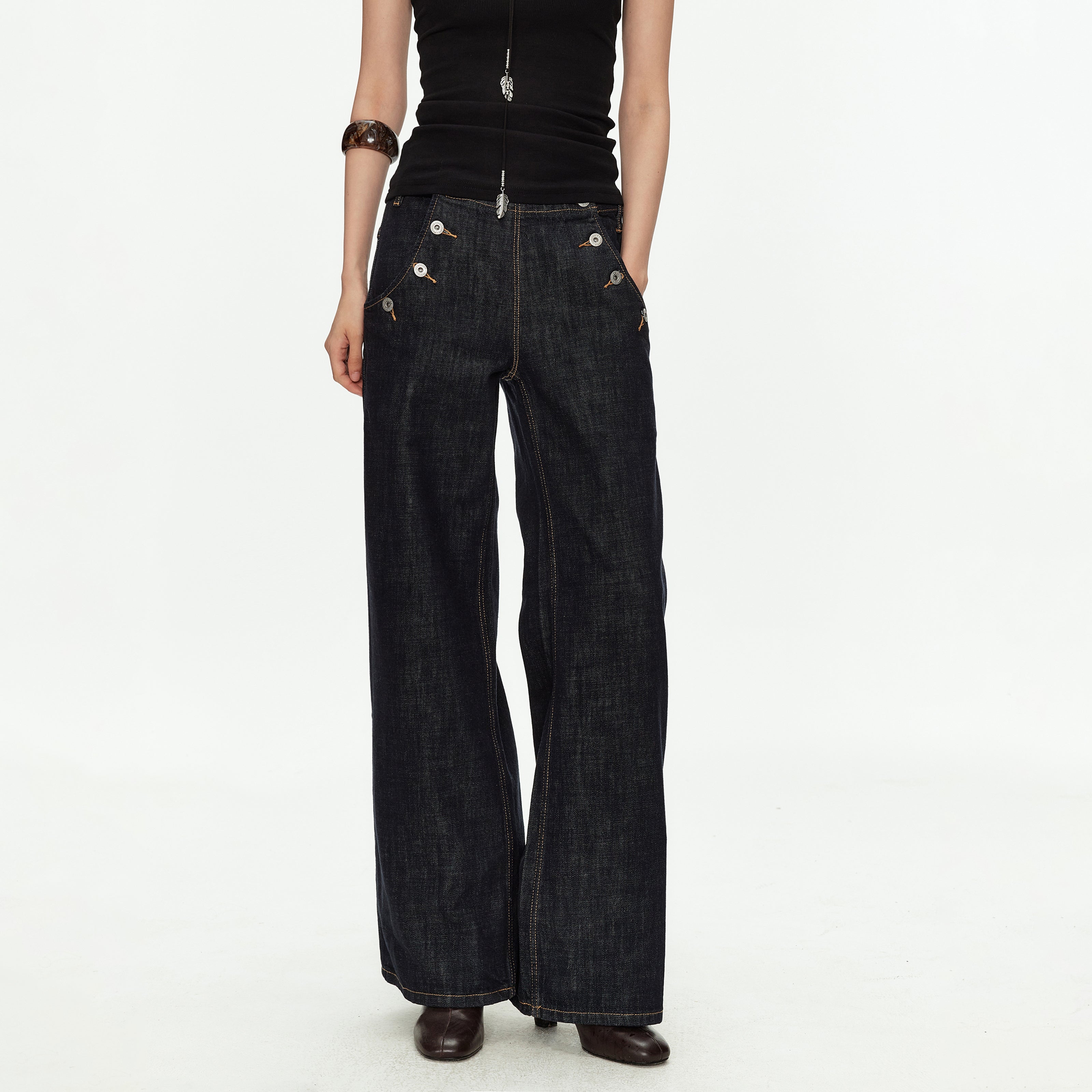 MADWITCH VINTAGE BUTTON SIDE WIDE JEANS #GPC9816N