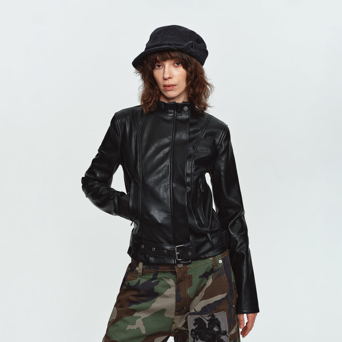 MADWITCH BELTED CROPPED FAUX-LEATHER BIKER JACKET #CW1383N