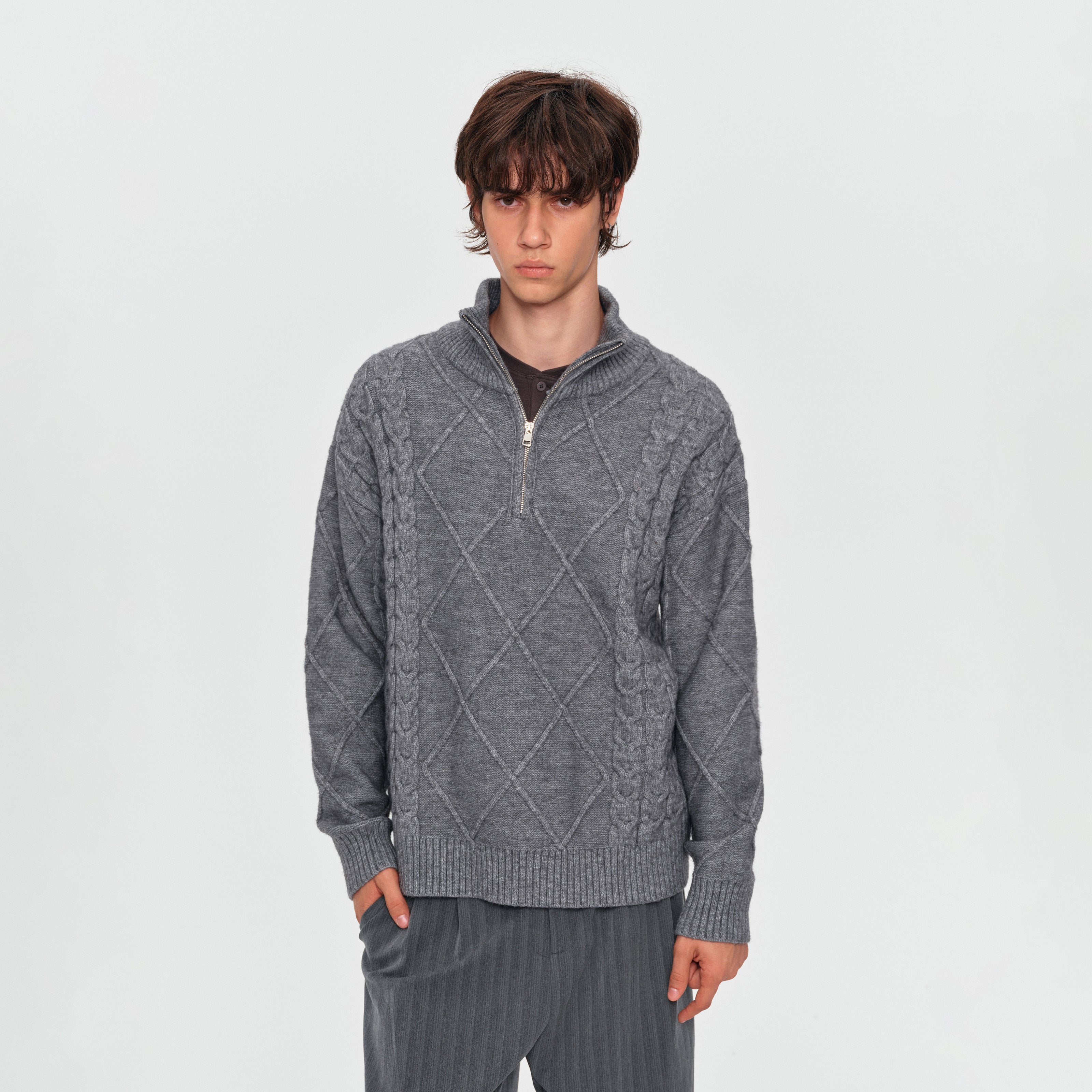 MADWITCH HALF-ZIP ARGYLE KNIT SWEATER #AW26825