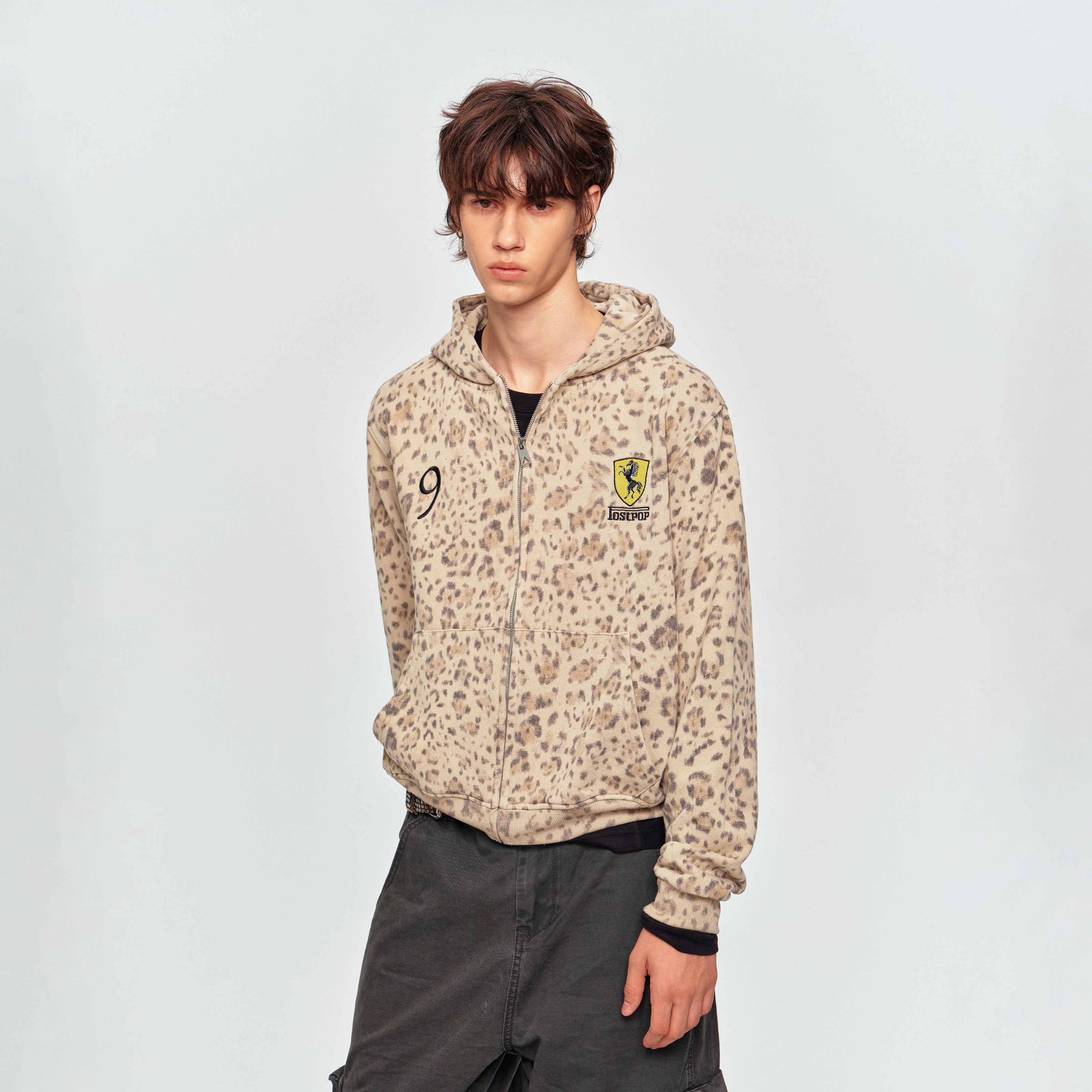 MADWITCH LEOPARD-PRINT EMBROIDERED CROPPED ZIP HOODIE #2604WY7021