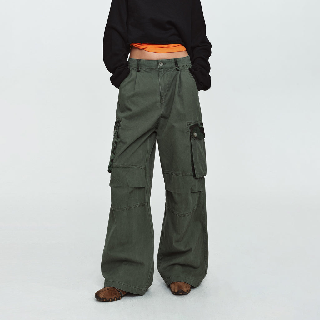 MADWITCH PLEATED CAMO-PATCHWORK WASHED CARGO PANTS #6851