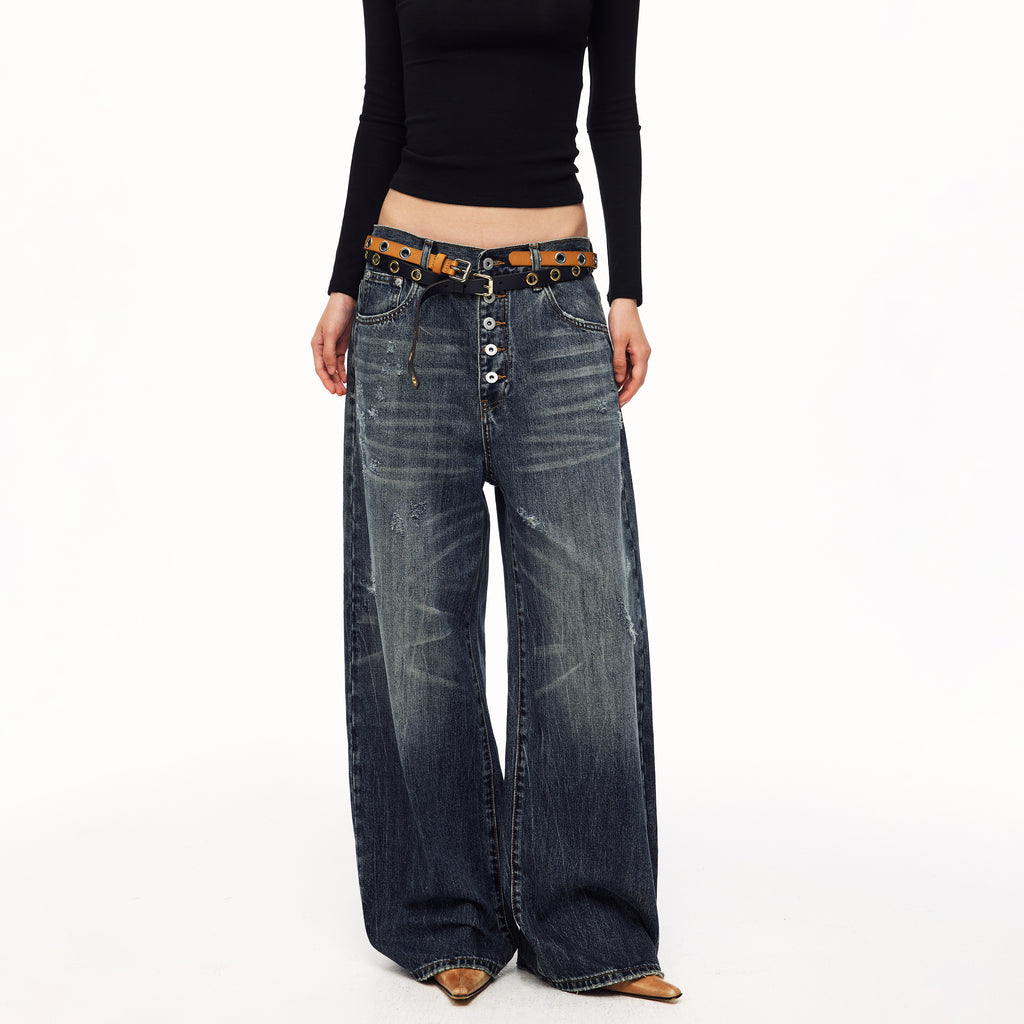 MADWITCH UNISEX MULTI-BUTTON WASHED WIDE-LEG JEANS #GPC9838