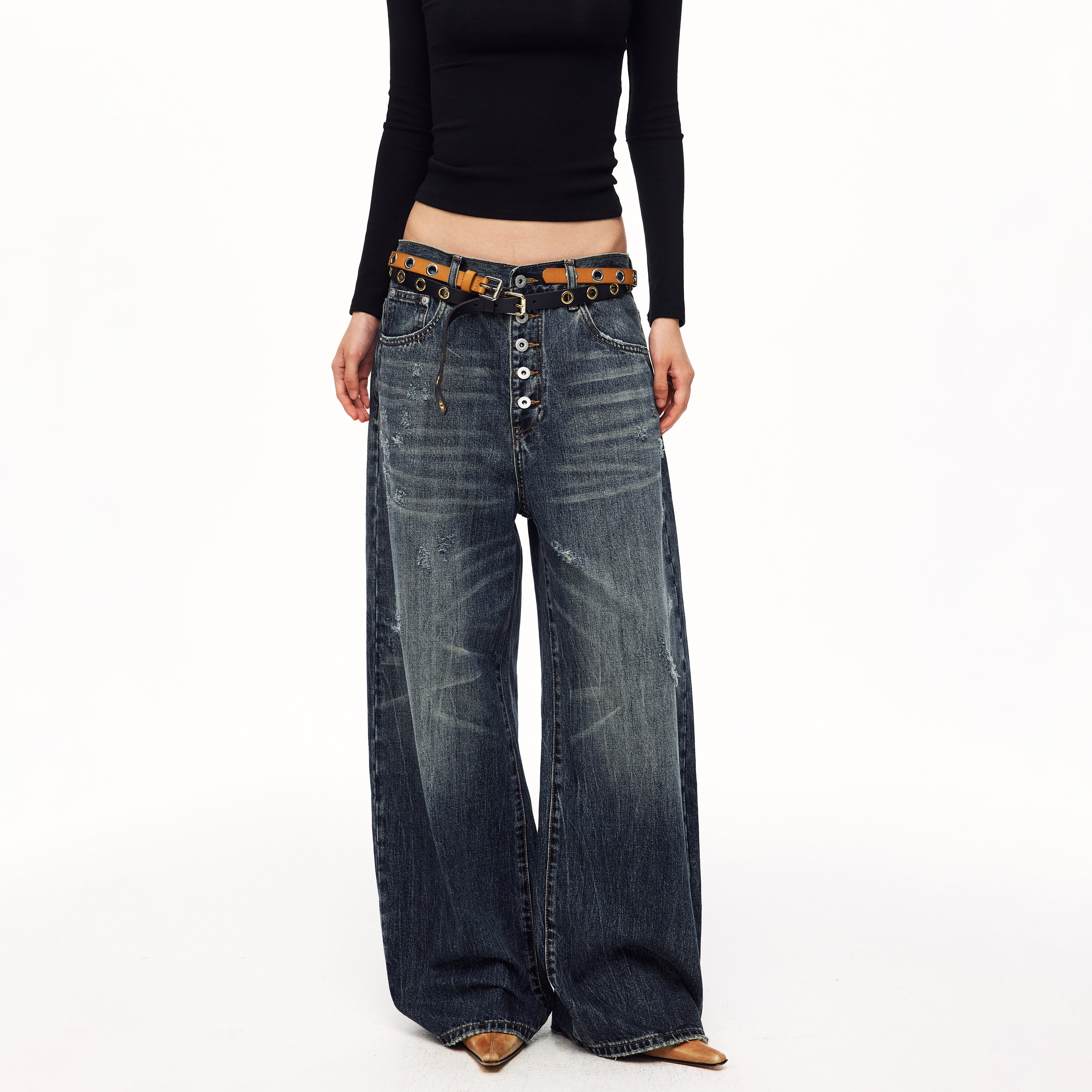 MADWITCH UNISEX MULTI-BUTTON WASHED WIDE-LEG JEANS #GPC9838