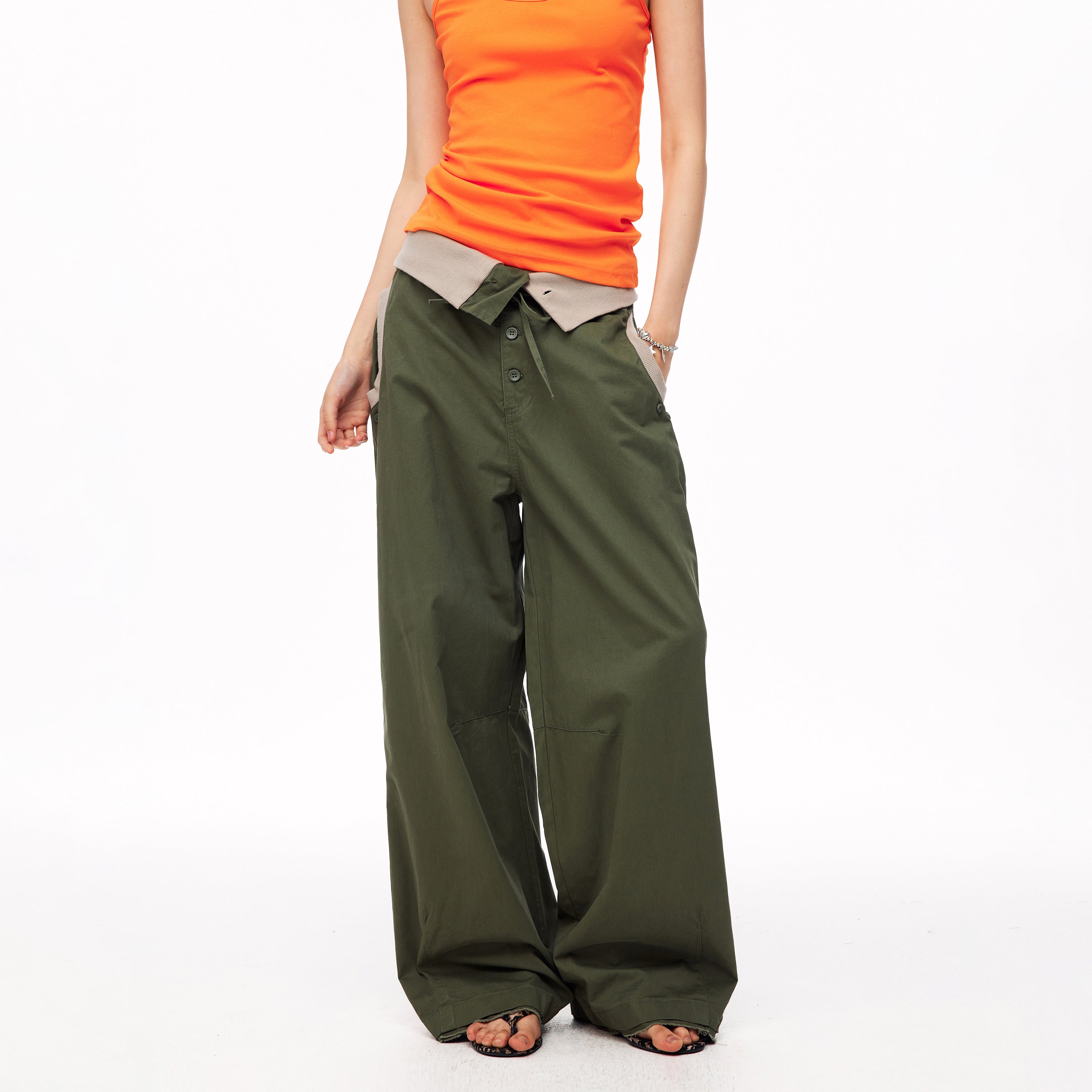 MADWITCH CONTRAST FOLD-OVER WAIST CARGO PANTS #CN61055