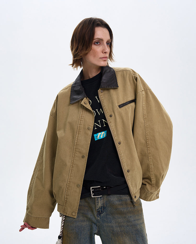 MADWITCH COLOR-BLOCK LEATHER COLLAR JACKET #W219