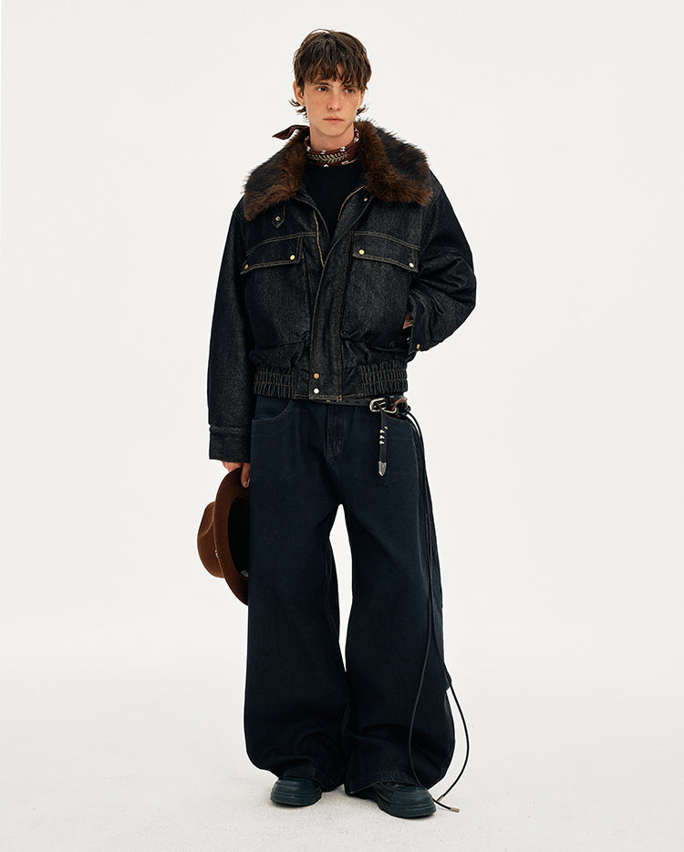 MADWITCH DETACHABLE FUR COLLAR DENIM JACKET #2631
