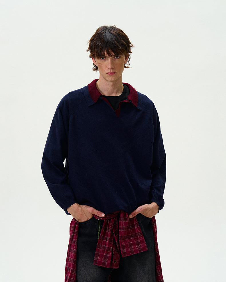 MADWITCH DOUBLE-LAYER CONTRAST KNIT SWEATER #L535