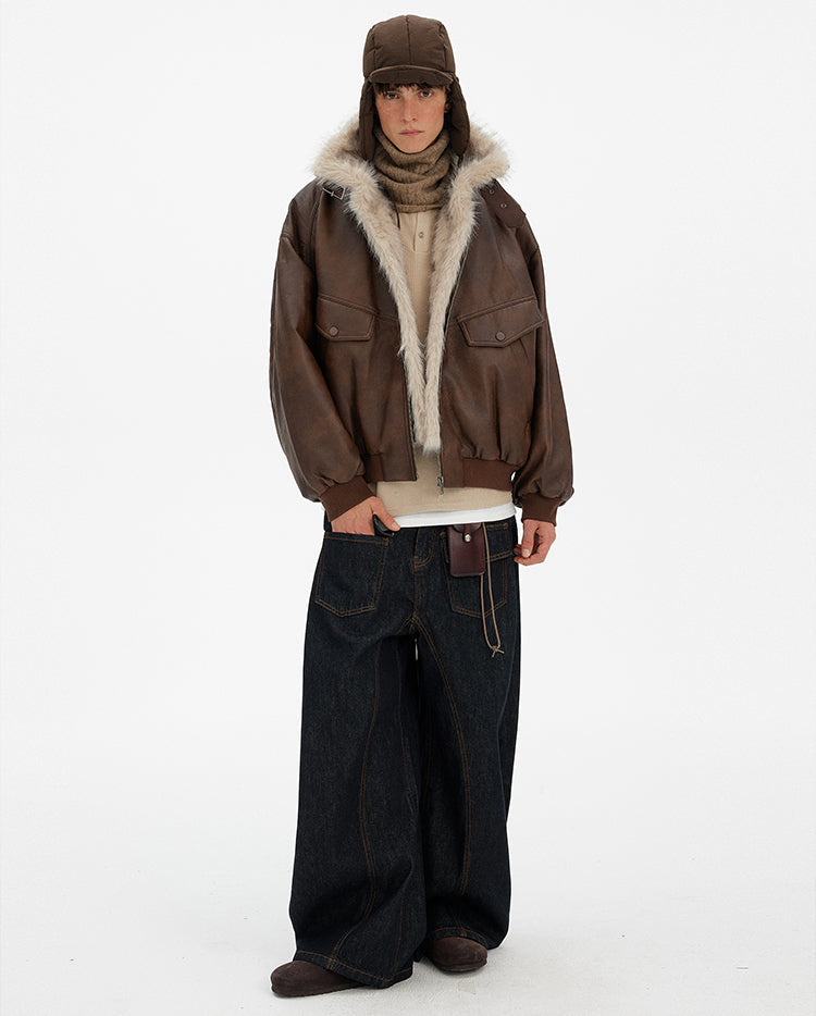 MADWITCH VINTAGE FUR COLLAR PU LEATHER JACKET #990962