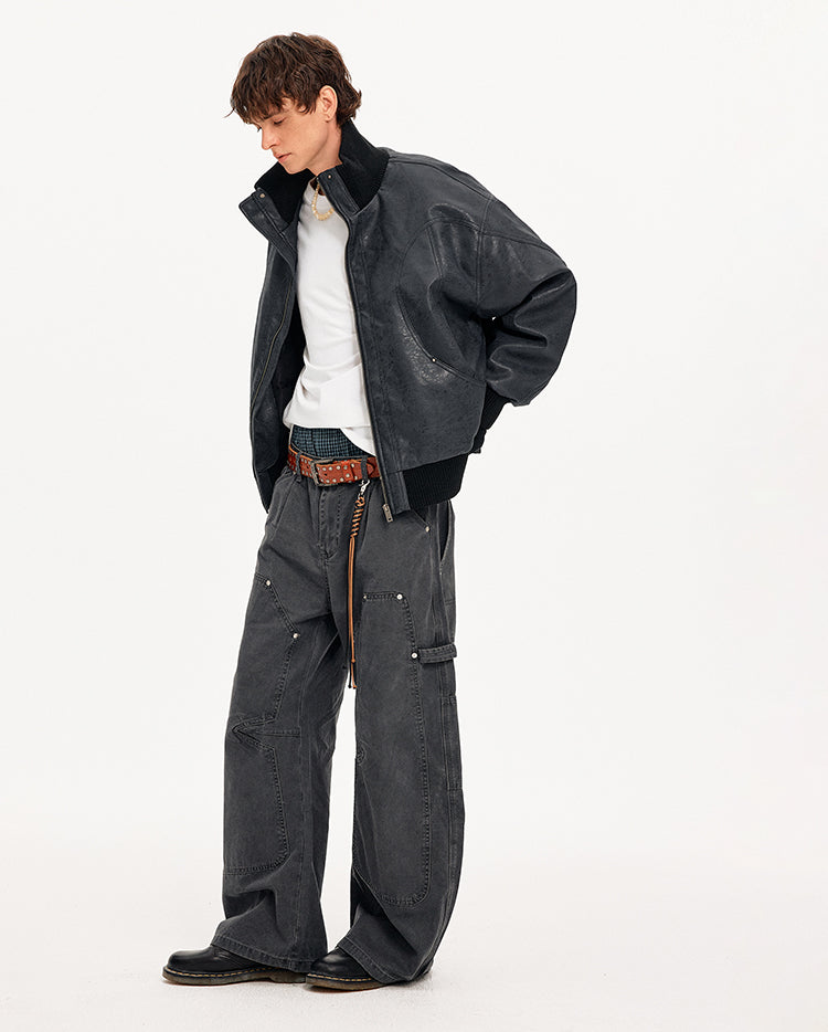 MADWITCH DISTRESSED PU STAND COLLAR JACKET #991101