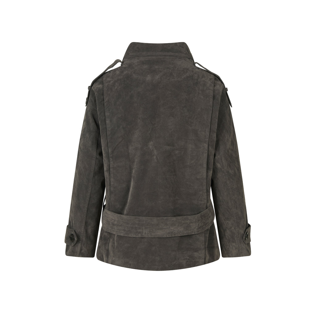 MADWITCH DOUBLE-BREASTED CINCHED DISTRESSED FAUX-SUEDE JACKET #2026325