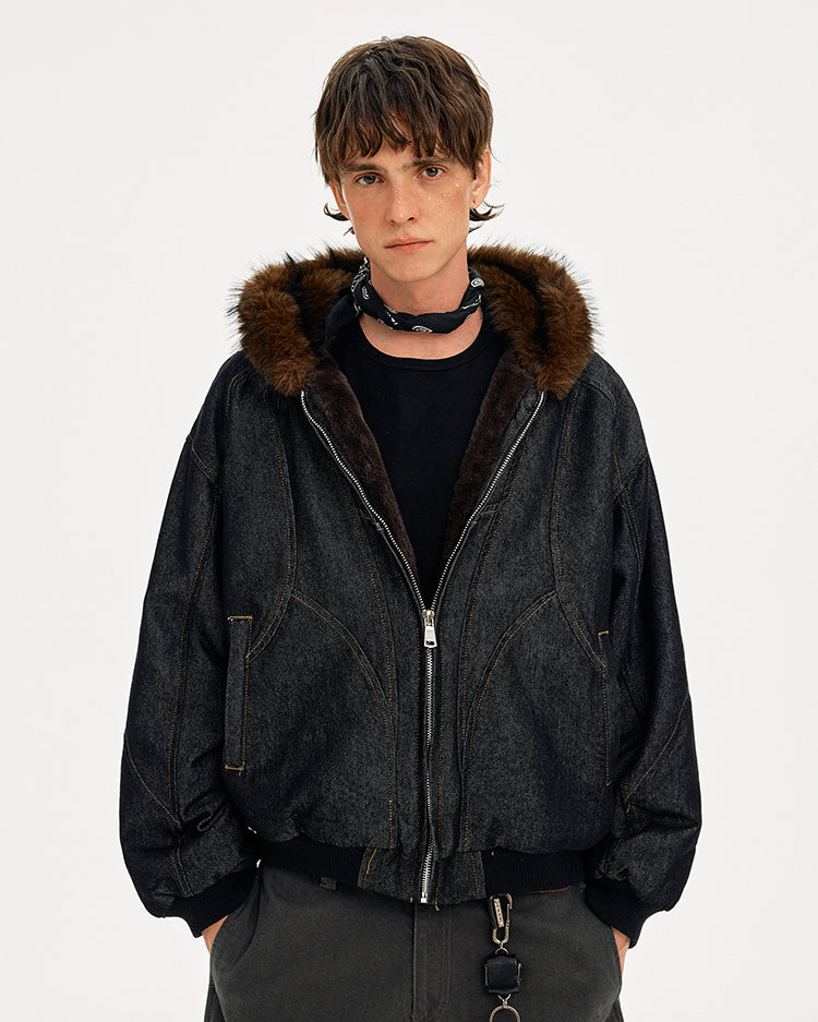 MADWITCH WASHED DENIM FUR COLLAR JACKET #Z2628
