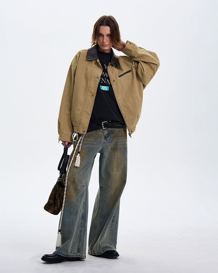 MADWITCH COLOR-BLOCK LEATHER COLLAR JACKET #W219