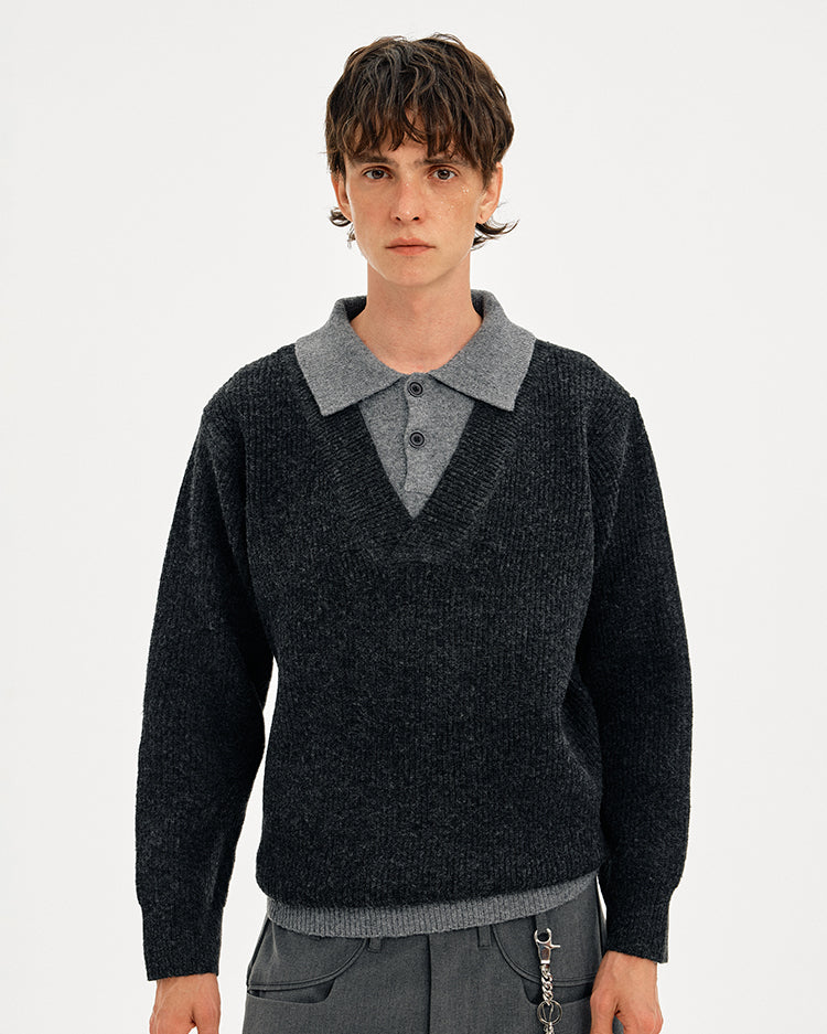 MADWITCH COLORBLOCK FAUX LAYER WOOL SWEATER #STYY8888