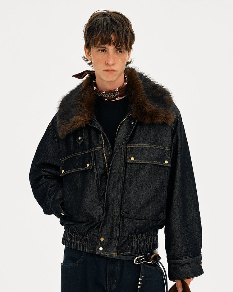 MADWITCH DETACHABLE FUR COLLAR DENIM JACKET #2631