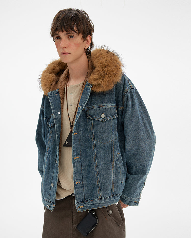 MADWITCH VINTAGE FUR COLLAR DENIM JACKET #RW169