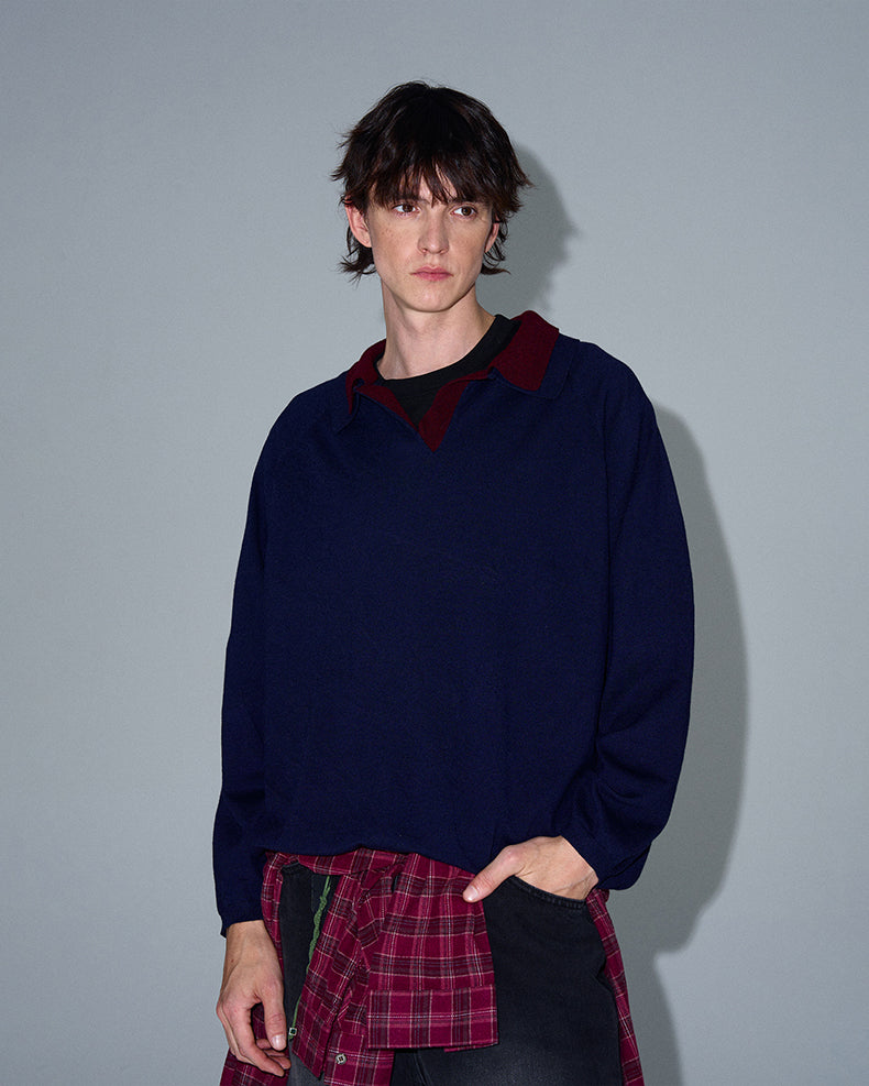 MADWITCH DOUBLE-LAYER CONTRAST KNIT SWEATER #L535