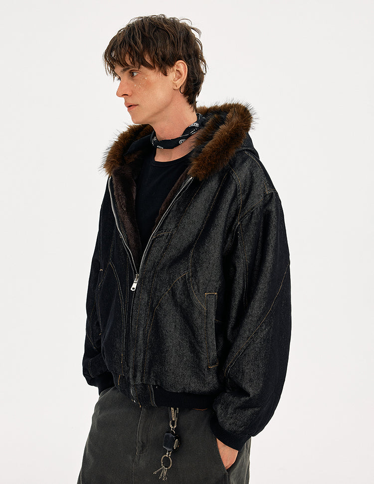 MADWITCH WASHED DENIM FUR COLLAR JACKET #Z2628