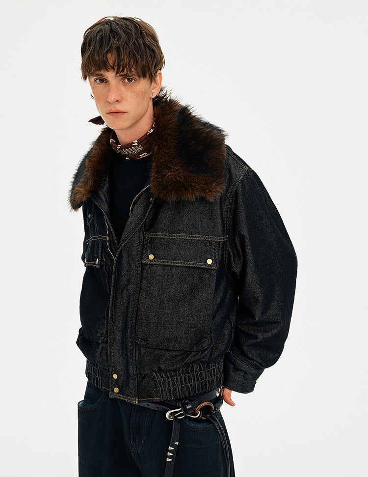 MADWITCH DETACHABLE FUR COLLAR DENIM JACKET #2631