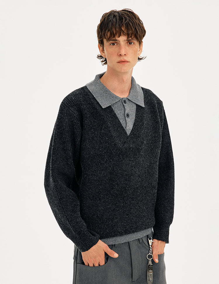 MADWITCH COLORBLOCK FAUX LAYER WOOL SWEATER #STYY8888