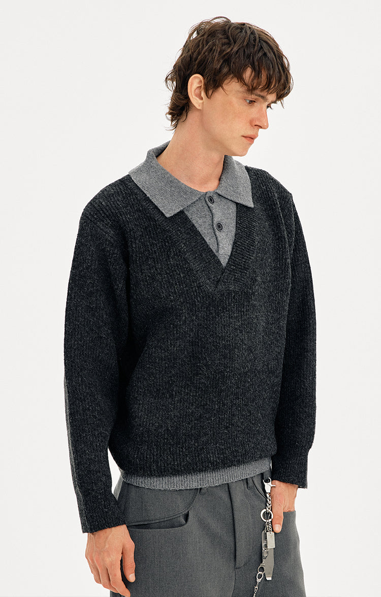 MADWITCH COLORBLOCK FAUX LAYER WOOL SWEATER #STYY8888