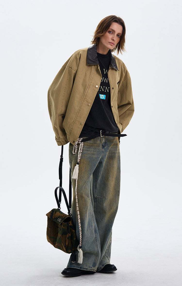 MADWITCH COLOR-BLOCK LEATHER COLLAR JACKET #W219