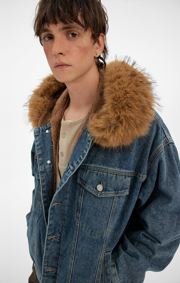 MADWITCH VINTAGE FUR COLLAR DENIM JACKET #RW169