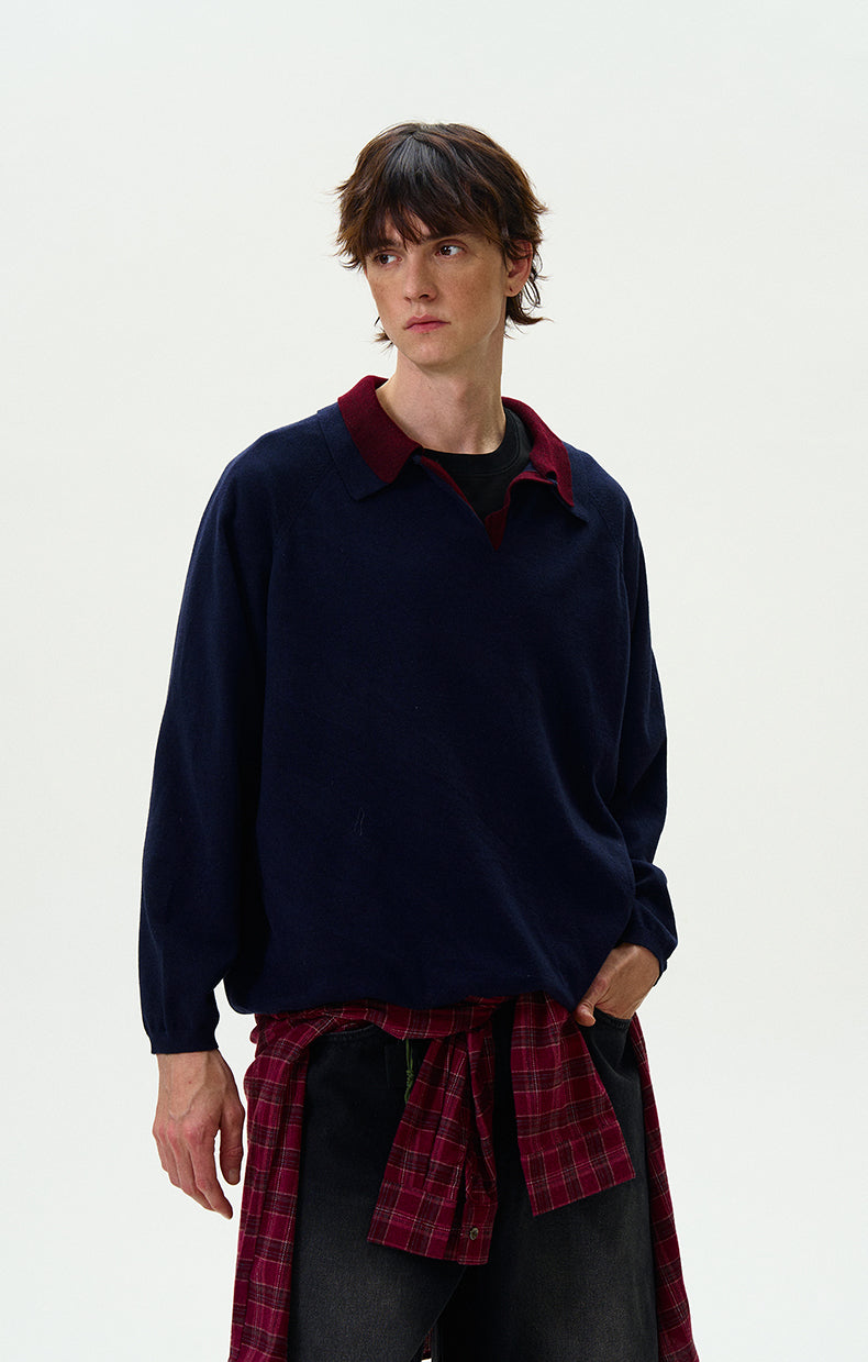 MADWITCH DOUBLE-LAYER CONTRAST KNIT SWEATER #L535