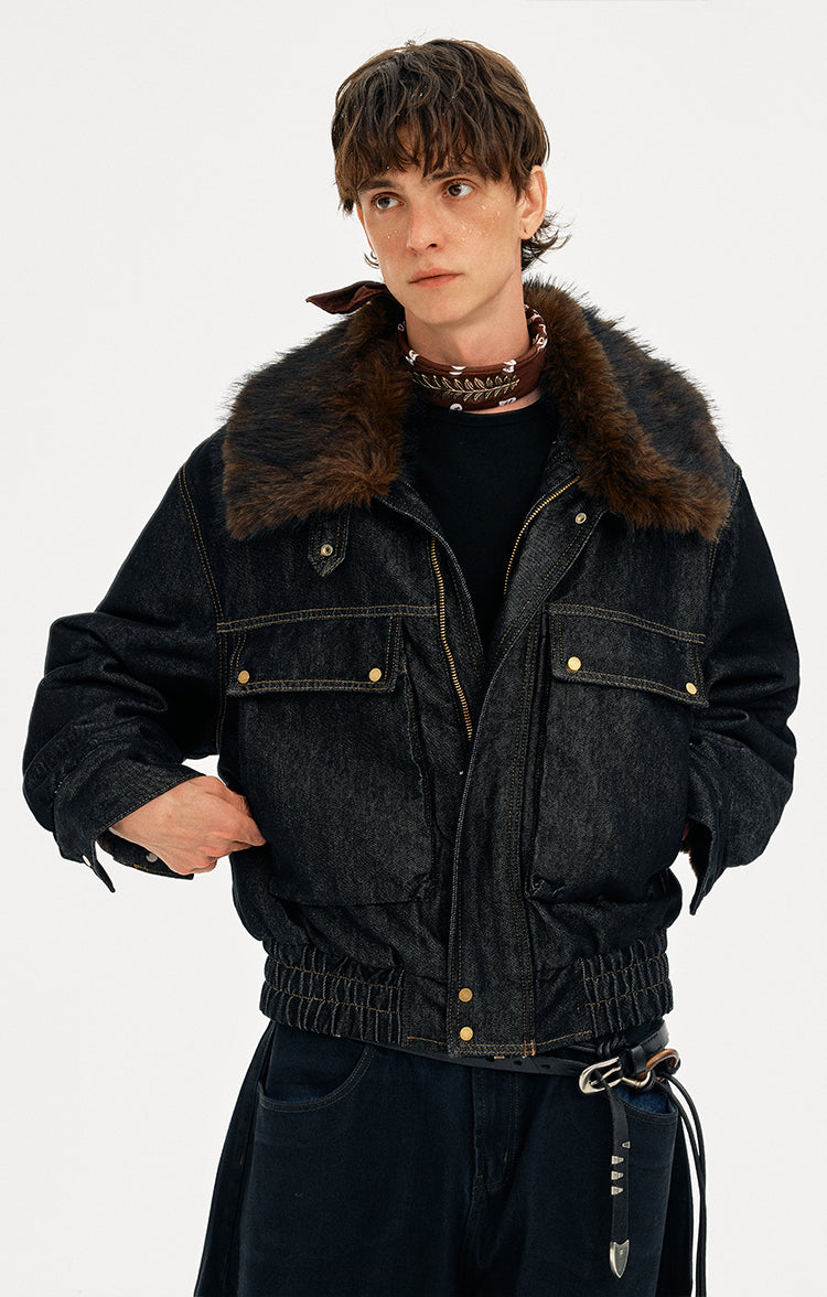 MADWITCH DETACHABLE FUR COLLAR DENIM JACKET #2631