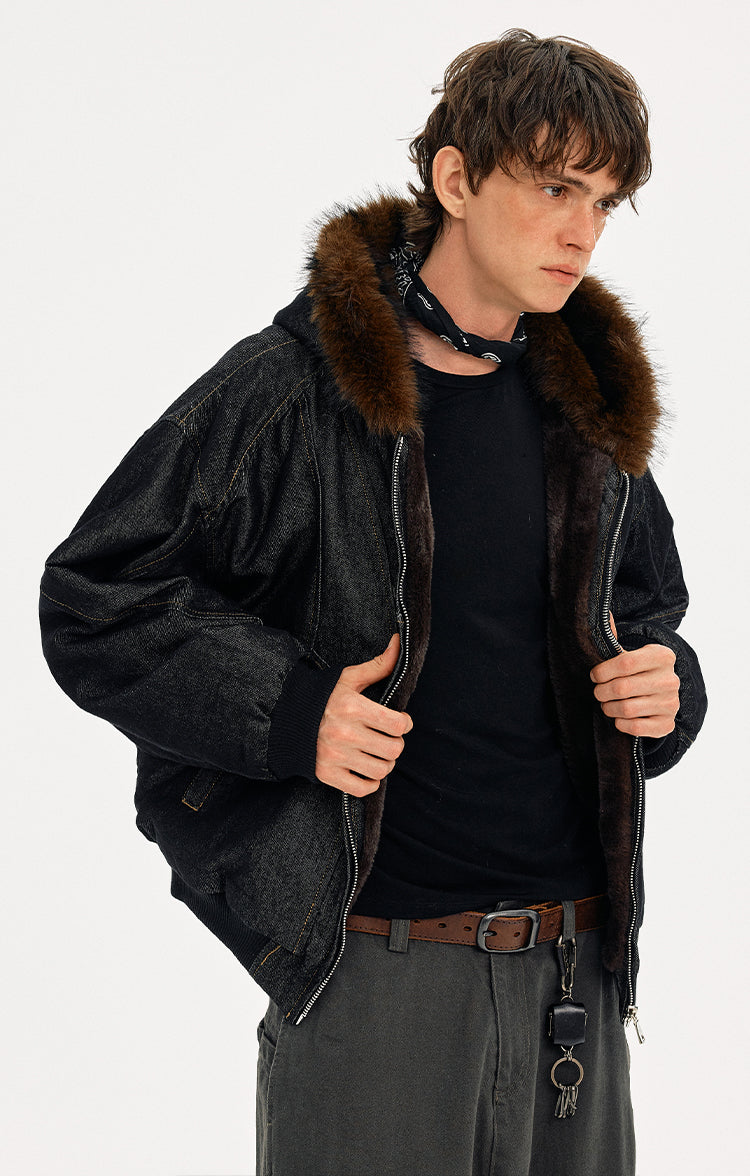 MADWITCH WASHED DENIM FUR COLLAR JACKET #Z2628