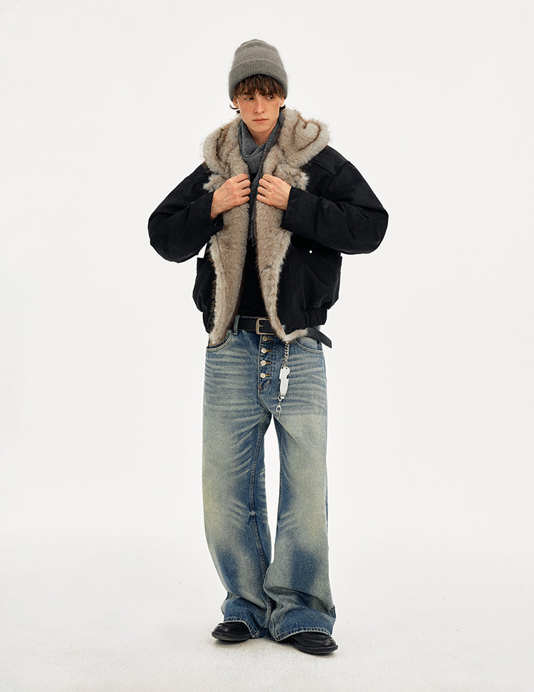 MADWITCH SUEDE HOODED QUILTED FUR JACKET #AW25505