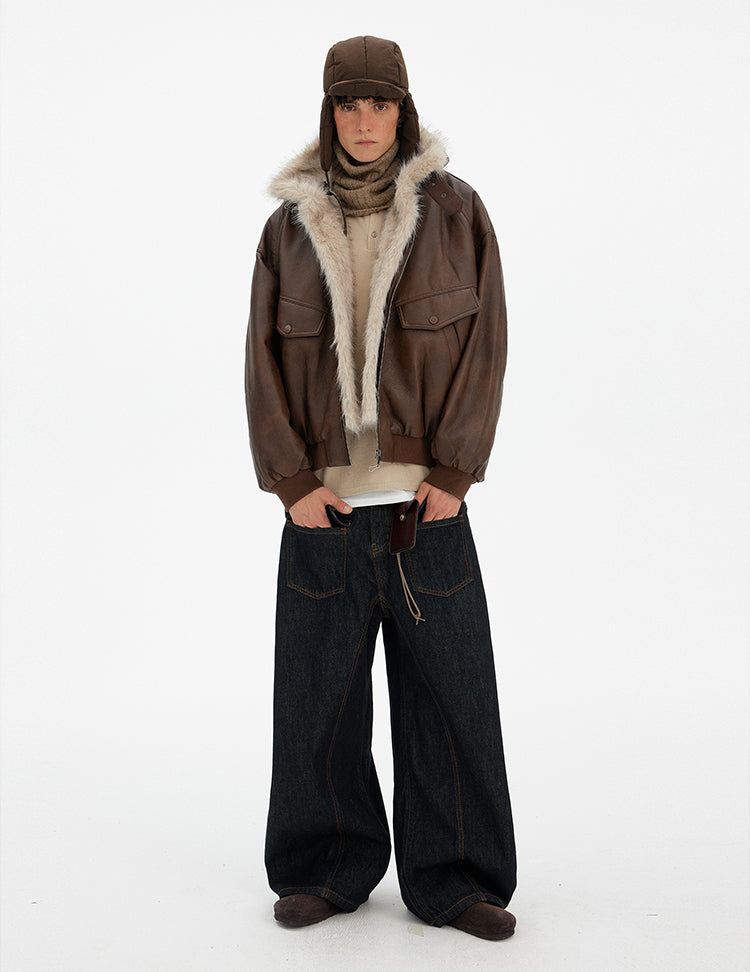 MADWITCH VINTAGE FUR COLLAR PU LEATHER JACKET #990962