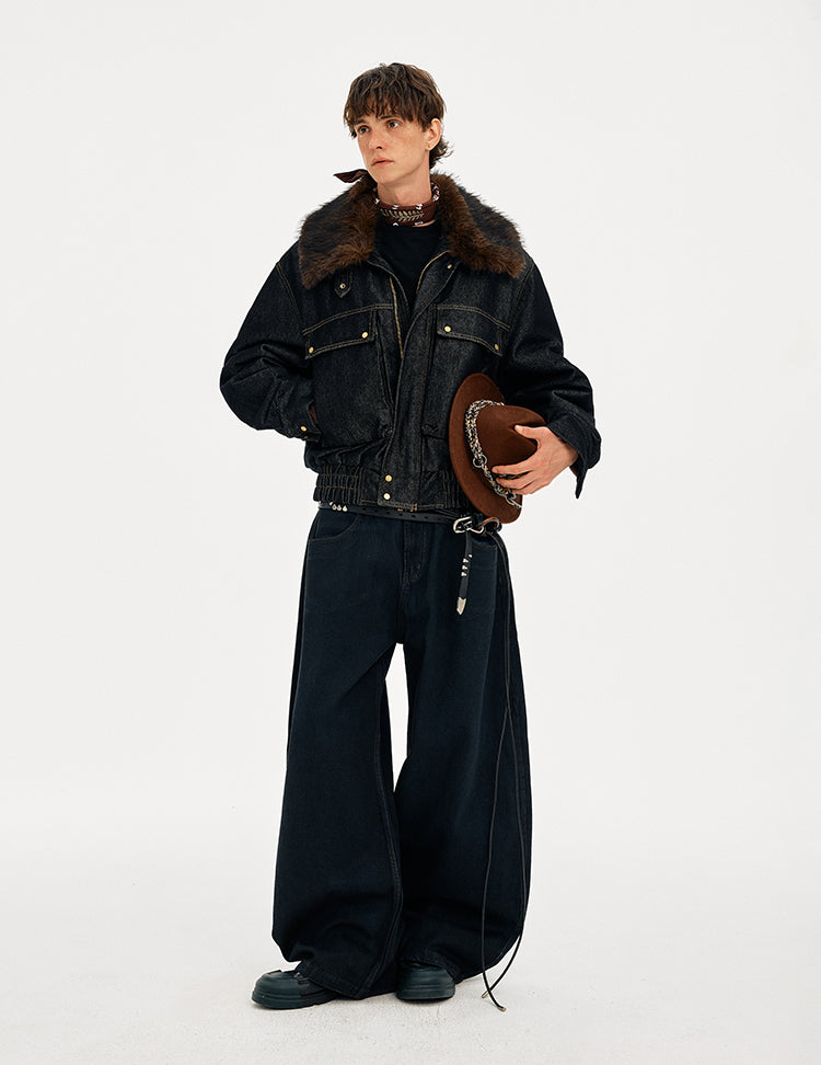 MADWITCH DETACHABLE FUR COLLAR DENIM JACKET #2631