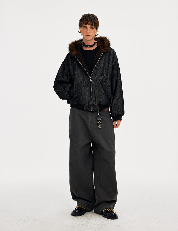 MADWITCH WASHED DENIM FUR COLLAR JACKET #Z2628