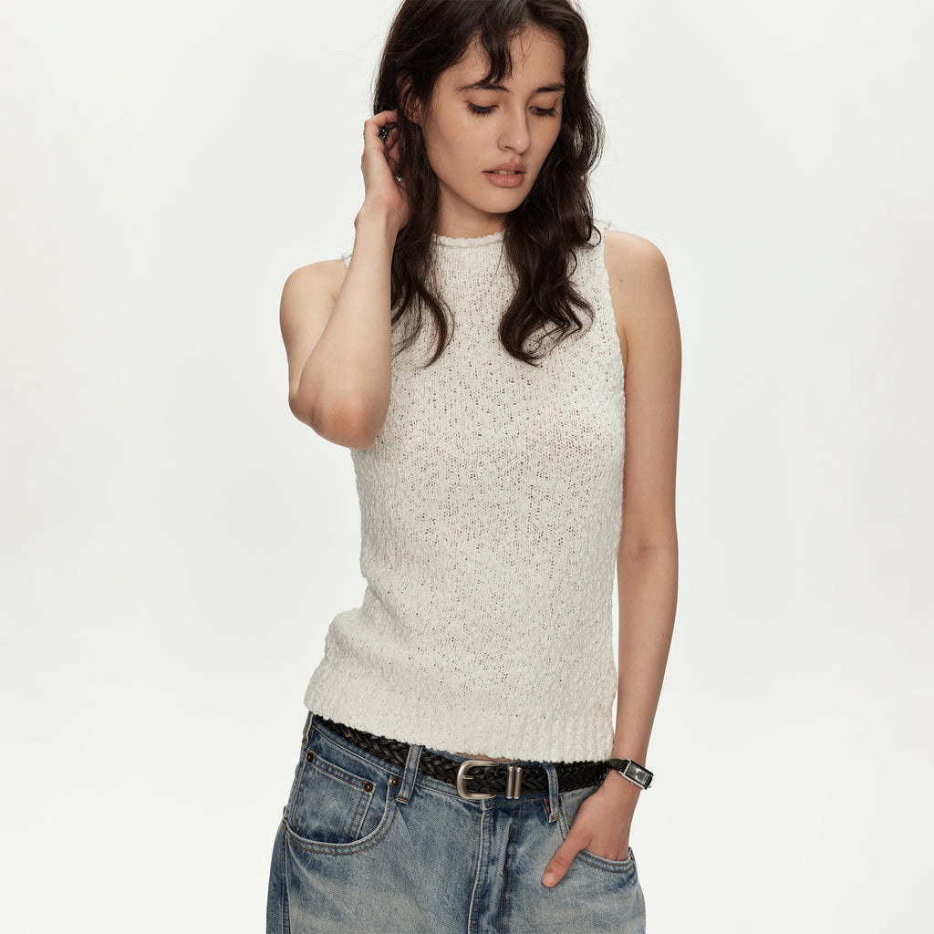 MADWITCH TEXTURED OPEN KNIT MOCK NECK VEST #MYCB017