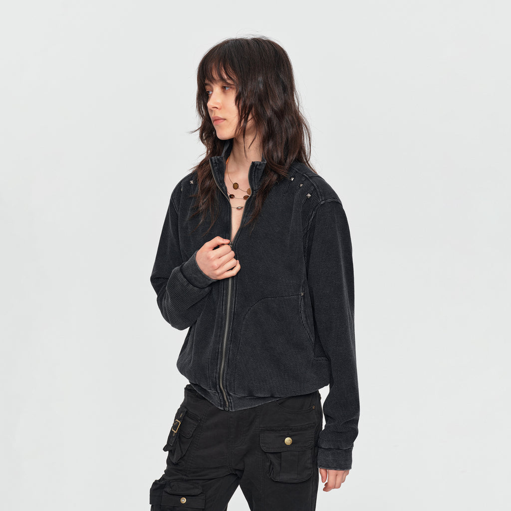 MADWITCH STUDDED WASHED-TEXTURE STAND-COLLAR CROPPED JACKET #2606WT5098